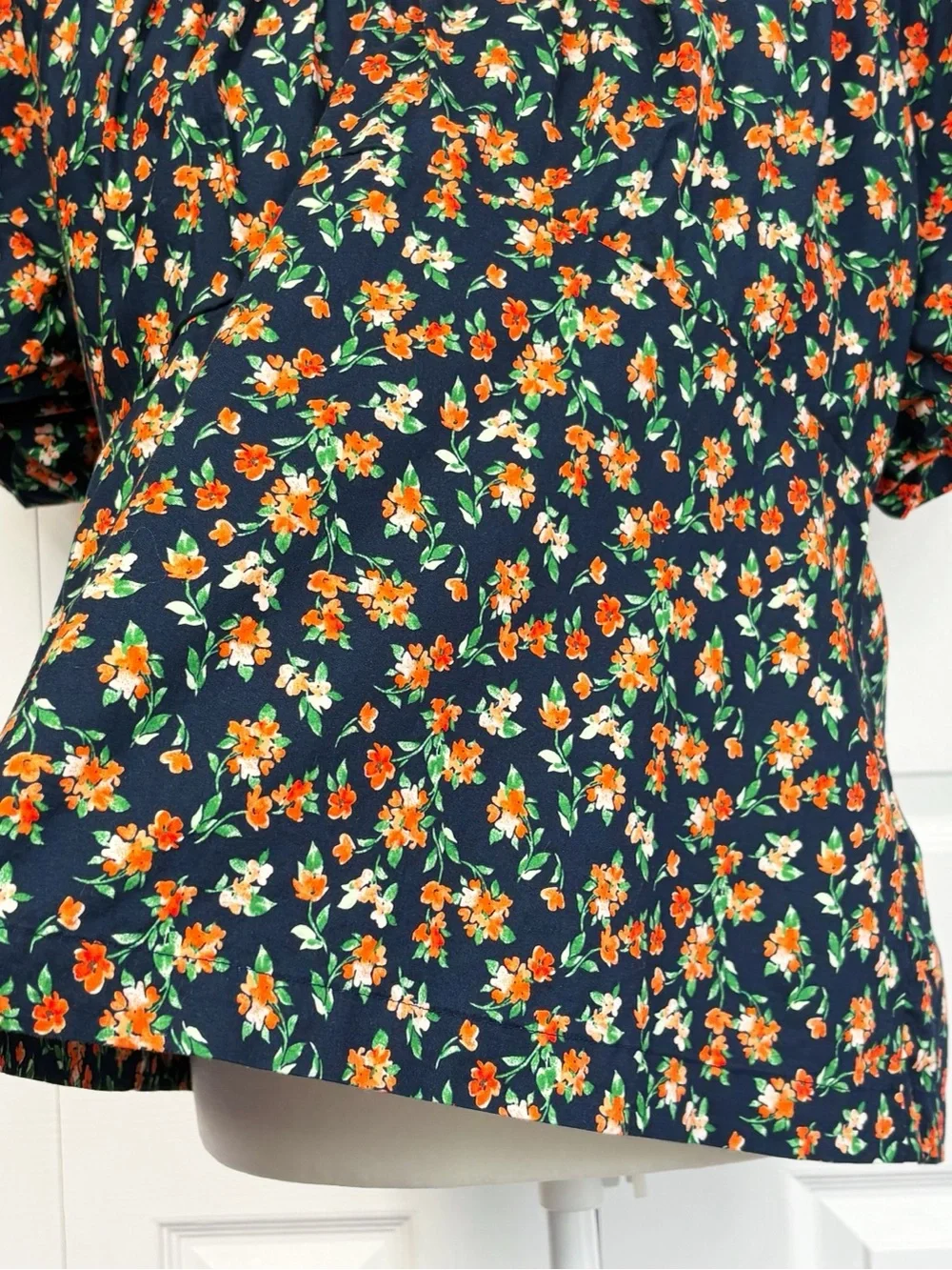 Old Navy Navy Blue & Orange Floral Print Puff Sleeve Smocked Trapeze Top XL
